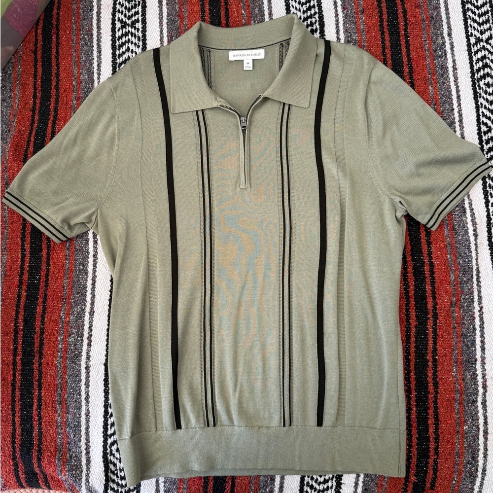 Banana Republic Men's Olive Green Short-Sleeve Knit Zip Polo with Black Stripes